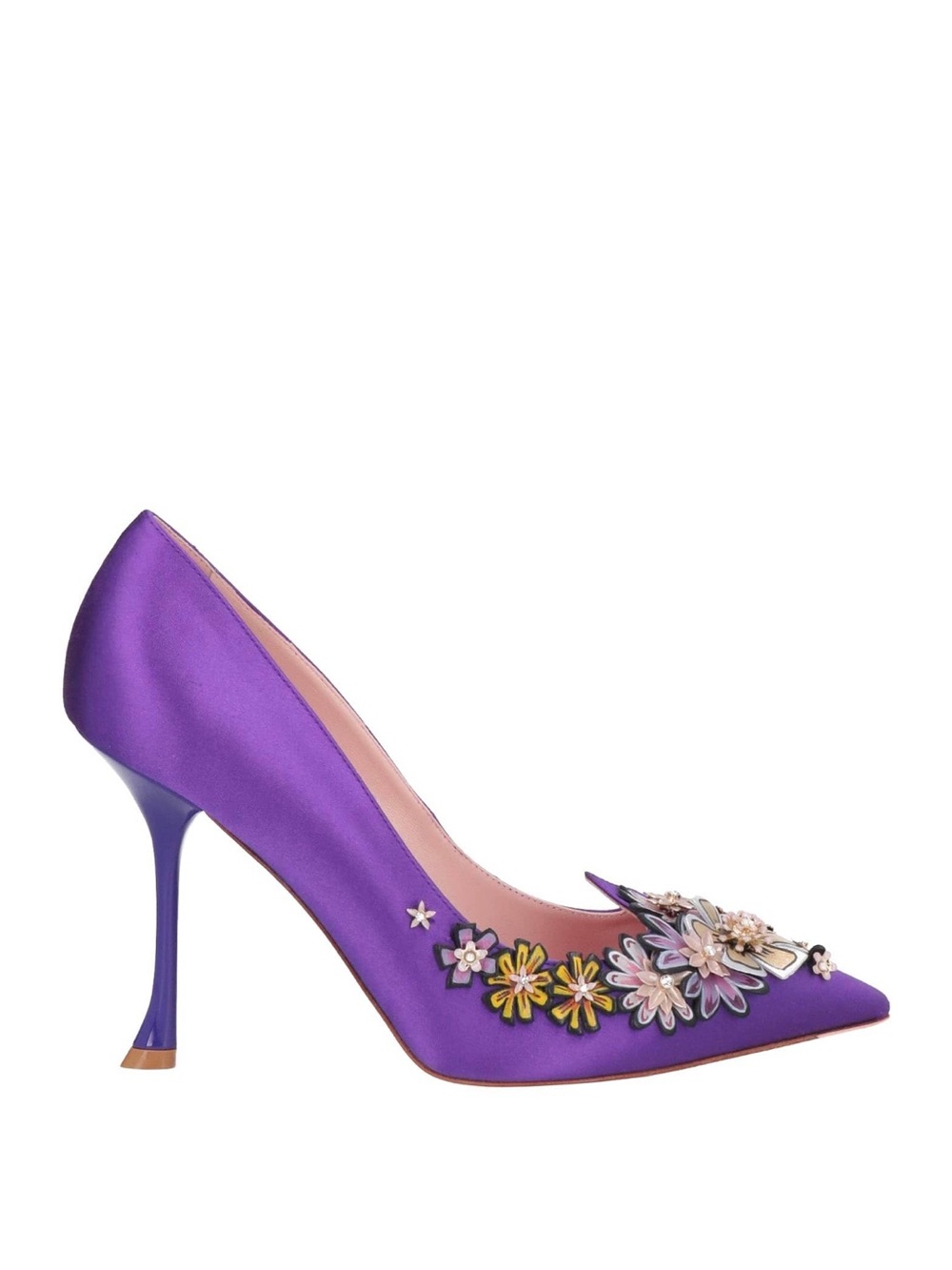 Roger Vivier purple satin pointed toe pumps with floral jewel appliqué
